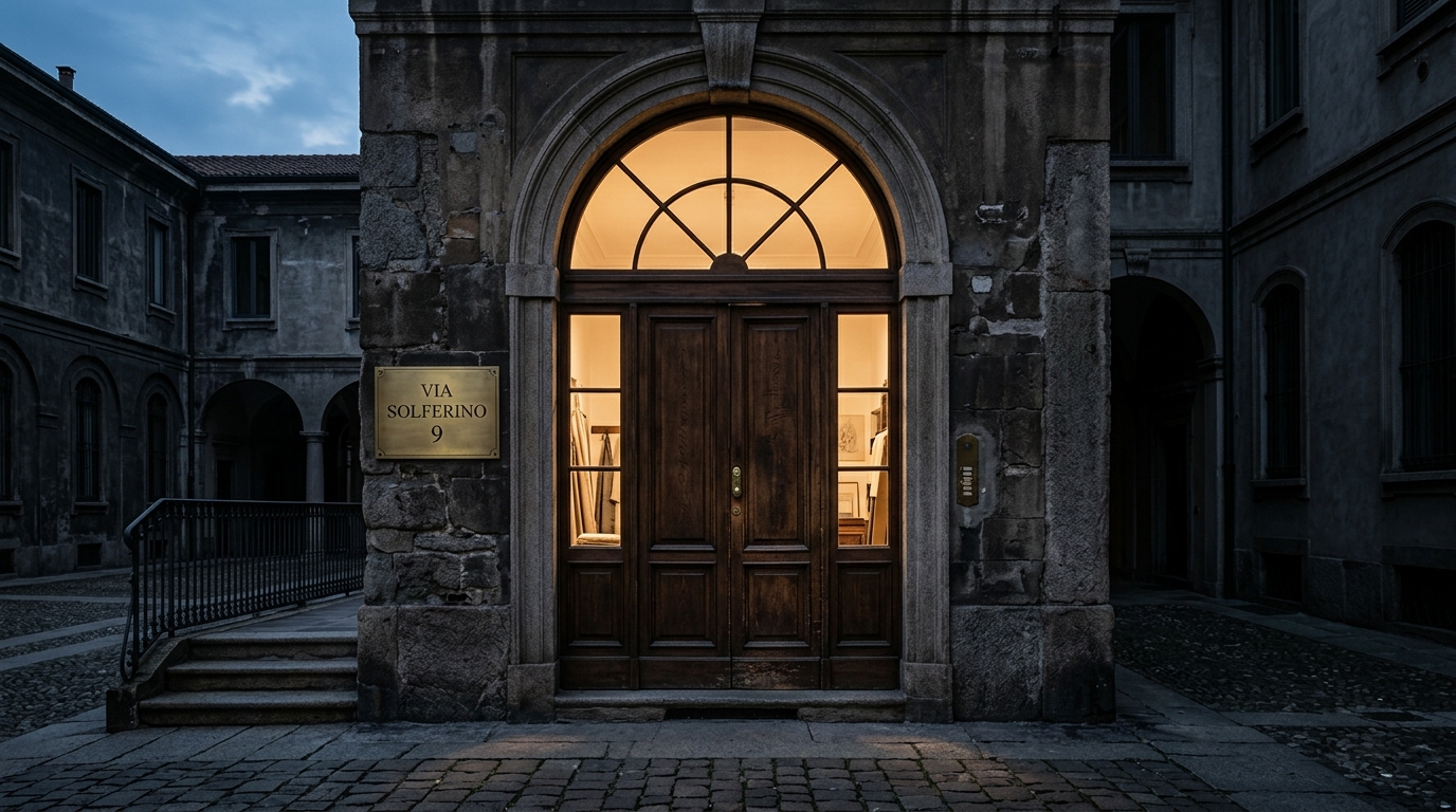 The Fabric & Form atelier door on Via Solferino, Milano, glowing at dusk