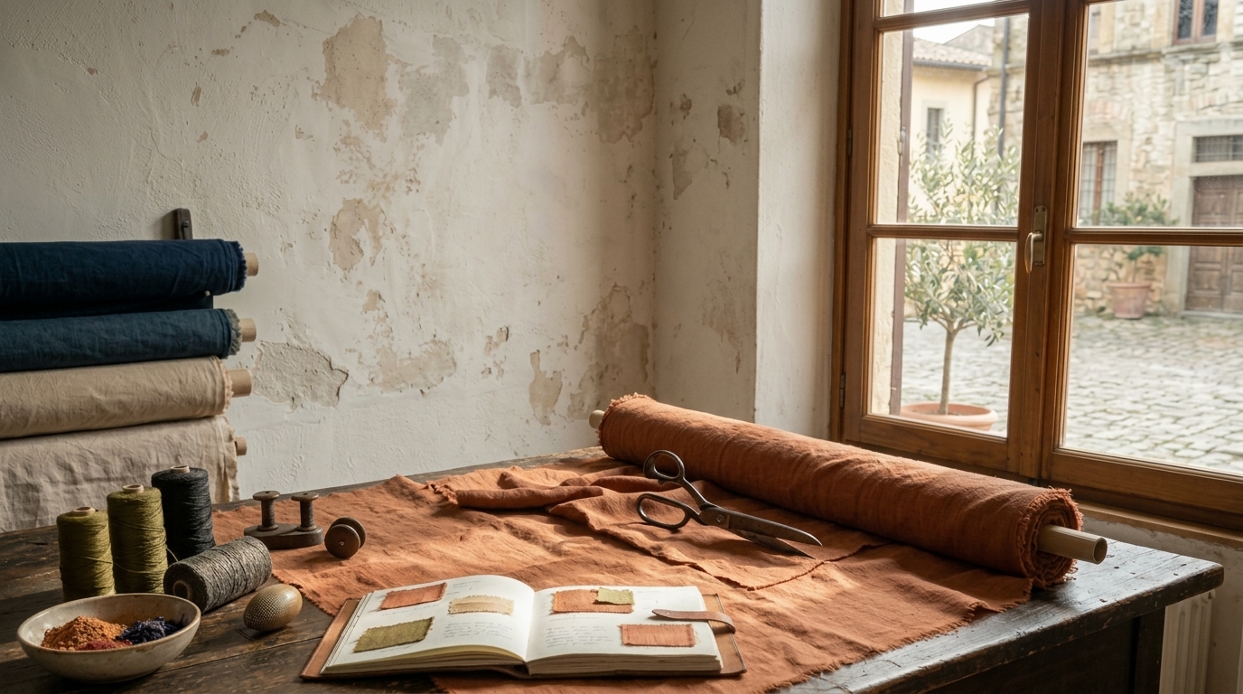 The Via Solferino atelier workroom: linen rolls and a swatch book by the window