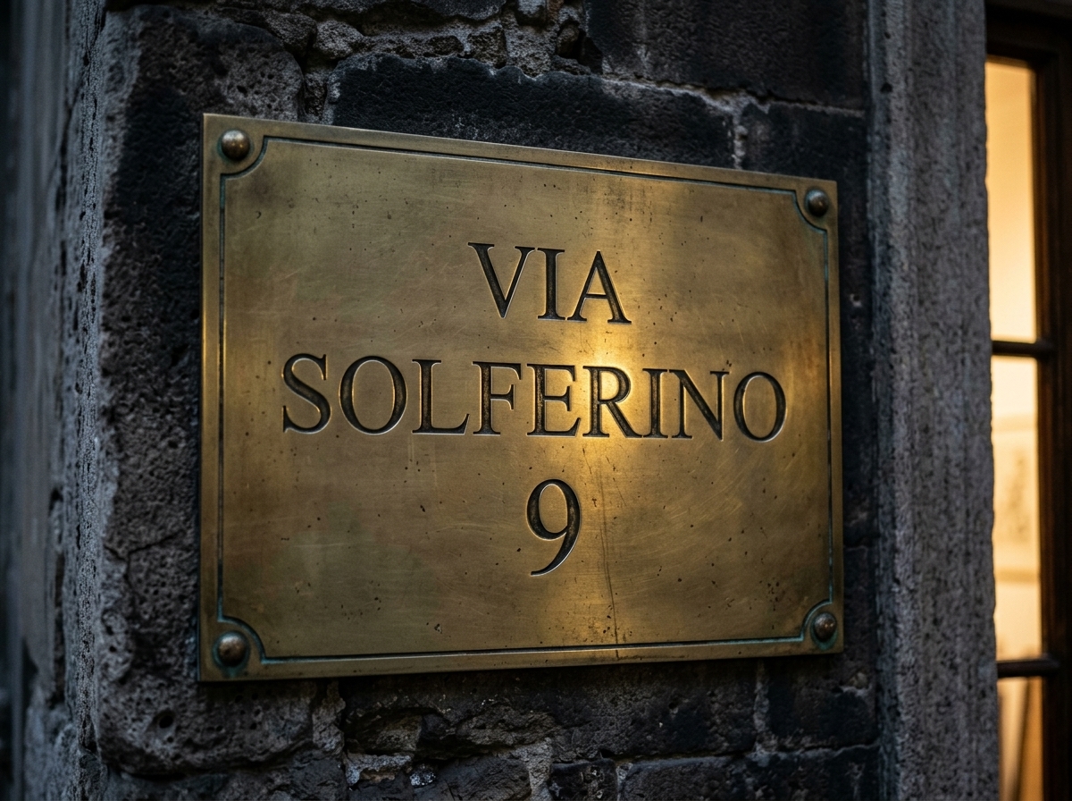 Brass plaque reading Via Solferino 9 on the atelier's stone facade