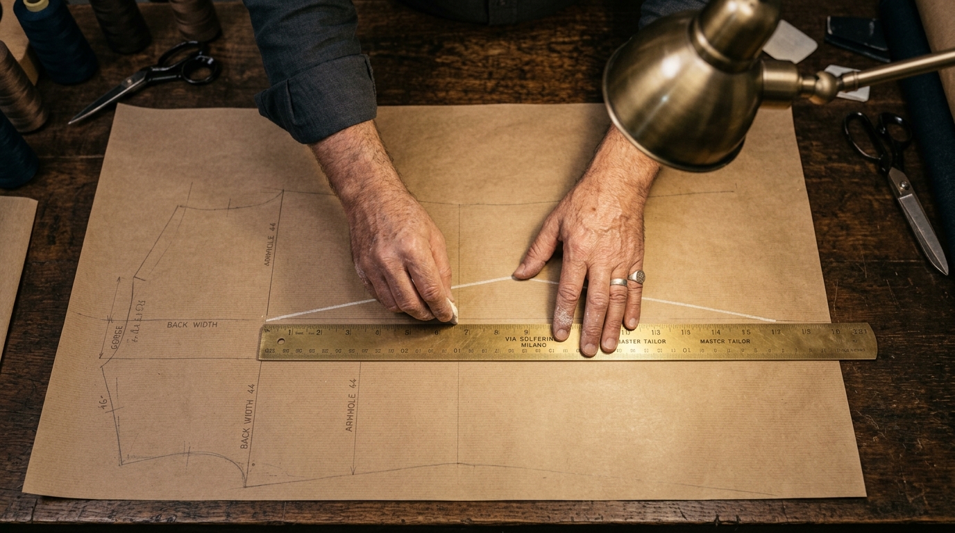 A master tailor drafting a suit pattern with chalk and a brass ruler