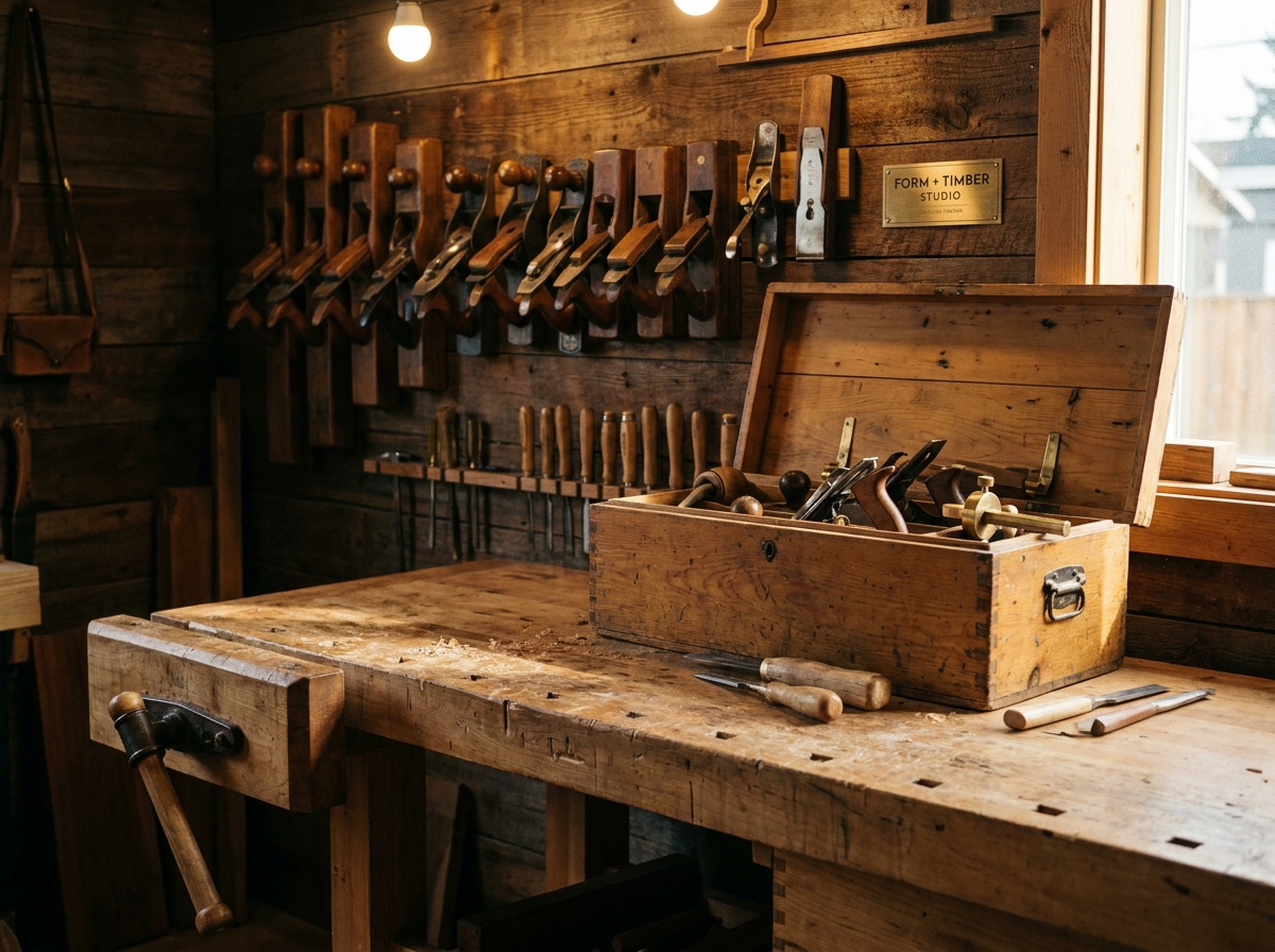 Antique hand planes on the wall rack and an open toolbox on the studio workbench