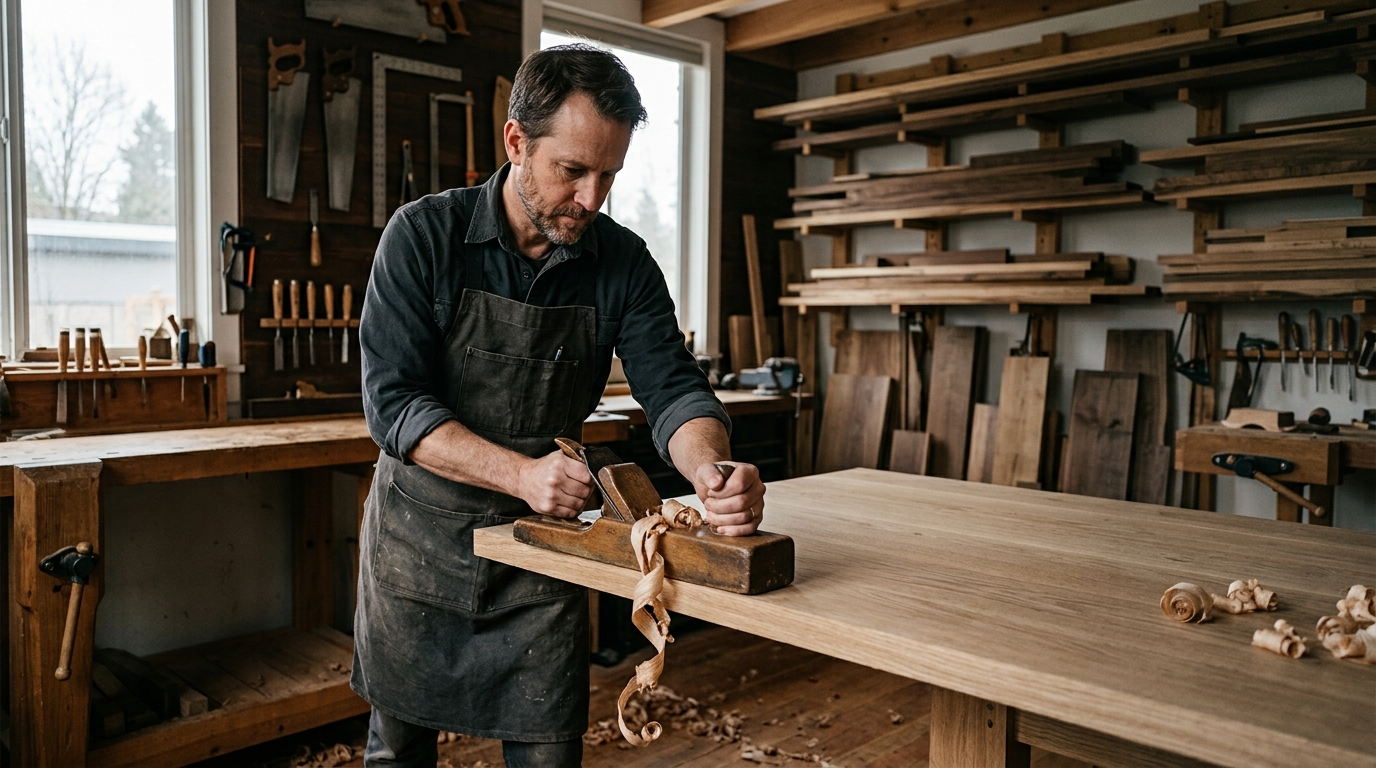 A craftsman hand-planing an oak tabletop, curls of wood in mid-air