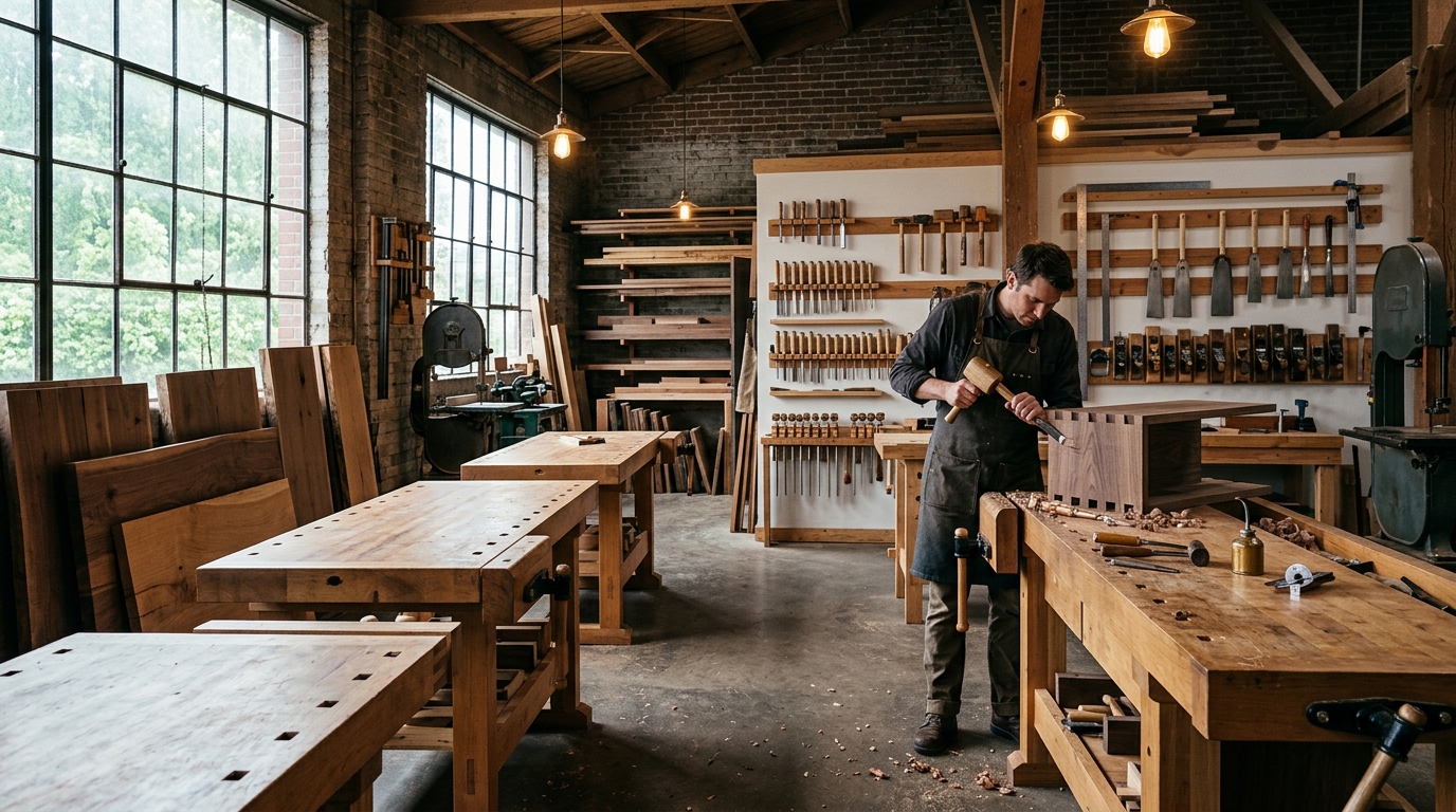 Inside the Form + Timber workshop: makers at long benches under studio windows
