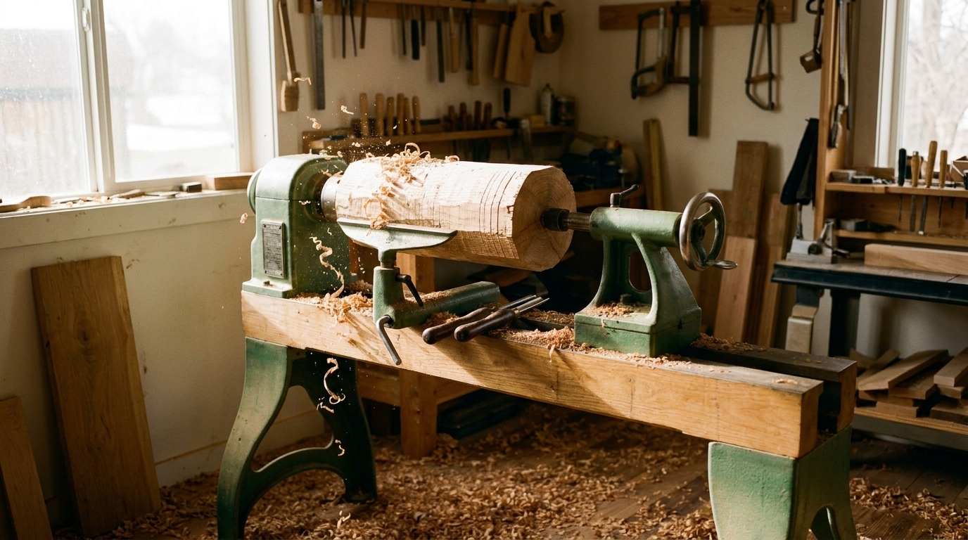 A vintage wood lathe turning an oak blank, shavings flying