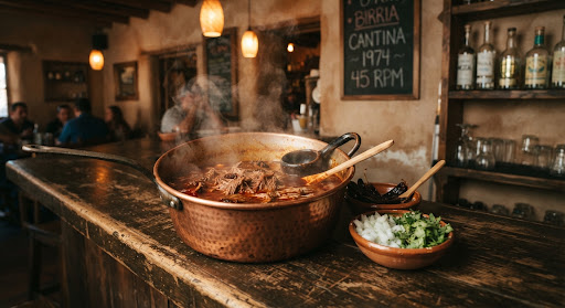 Copper pot of simmering birria topped with onion, cilantro, and dried chiles.
