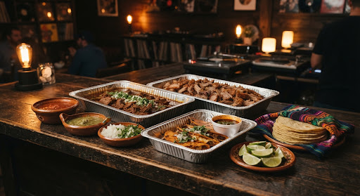 Dark catered spread of birria trays, salsas, limes, and stacked corn tortillas under amber light.