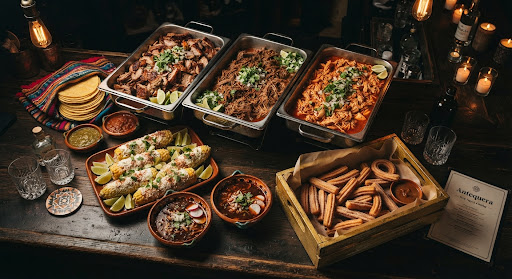 Banquet of carnitas, birria de res, and pollo tinga trays with tortillas, elote, consommé, and churros.