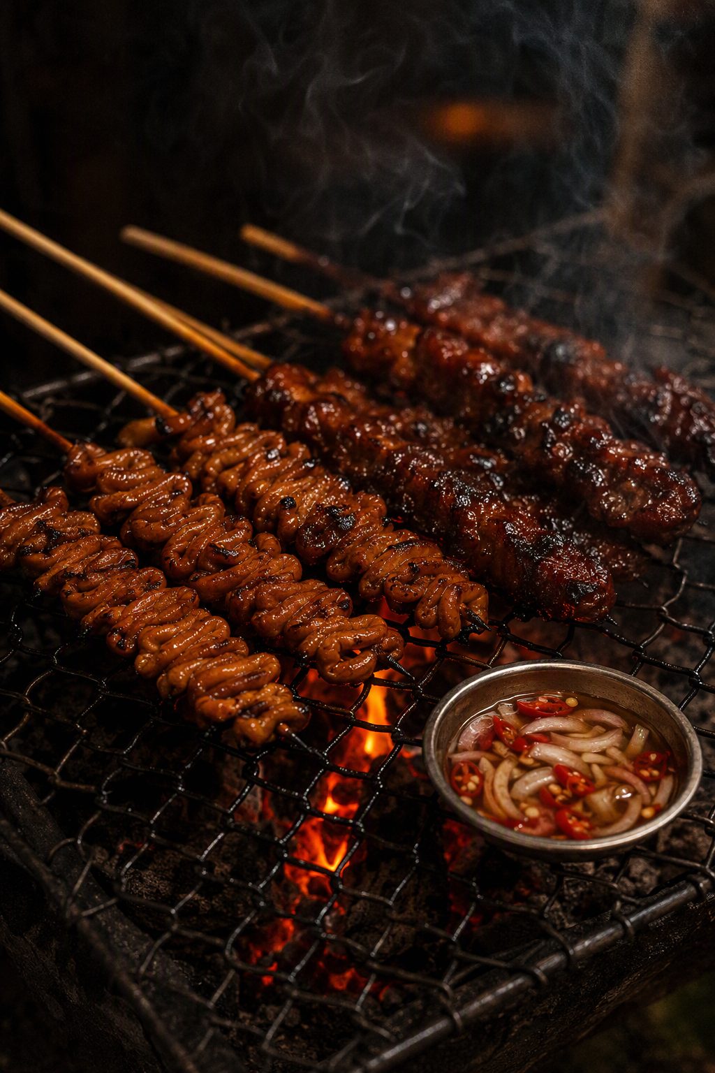 Isaw and pork skewers lacquering over coconut-shell coals