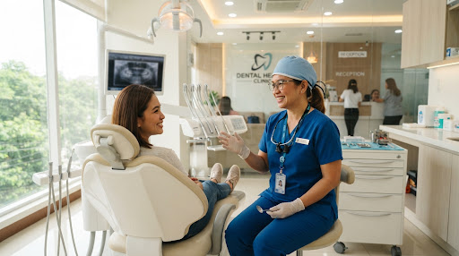 Warm modern dental treatment room in BGC with caring doctor and comfortable patient