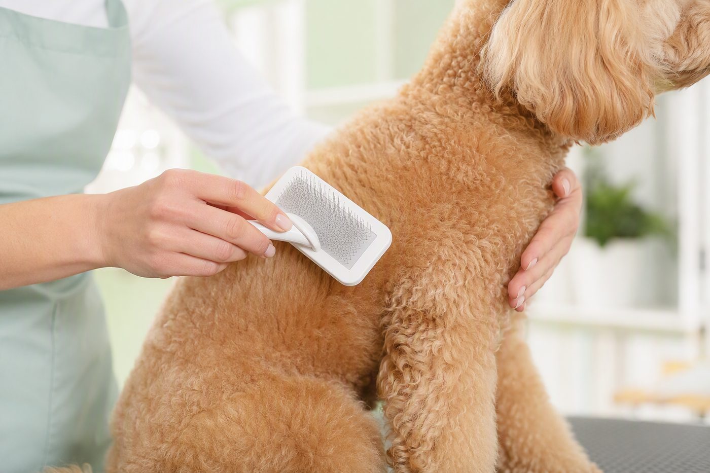 A groomer's hands brushing an apricot poodle on a grooming table