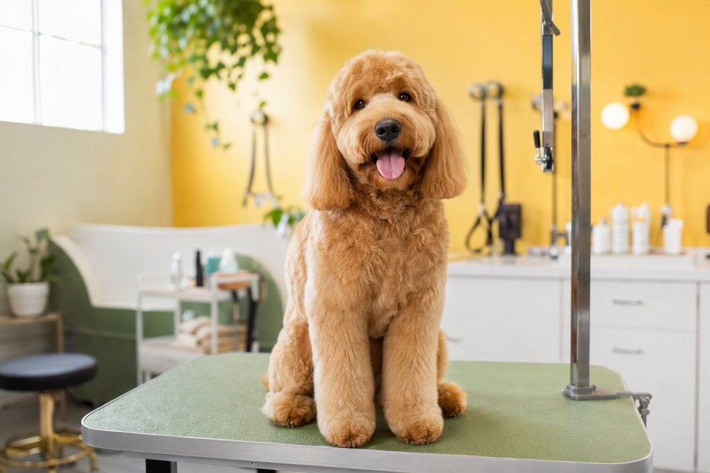 A freshly groomed golden doodle sitting on a sage-green grooming table