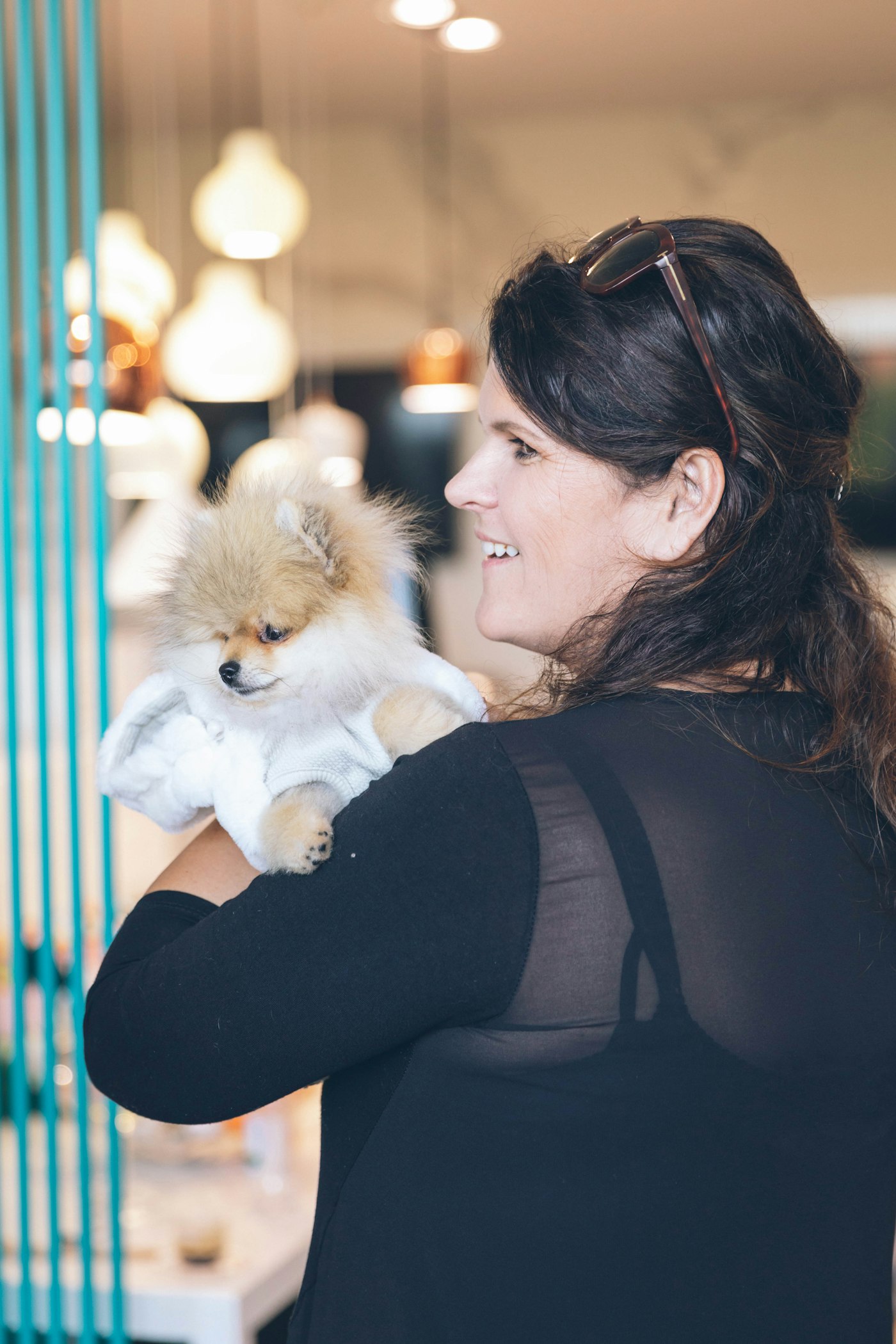 Groomer holding a freshly towel-dried pomeranian puppy