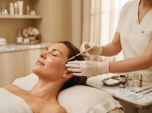 Delicate luxury aesthetic facial injectable treatment close-up with gentle gloved practitioner hands and warm aesthetic clinical tones