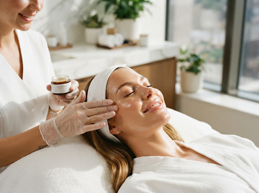 Radiant glowing skin close up, high-end skincare facial treatment in a clean luxury spa setting