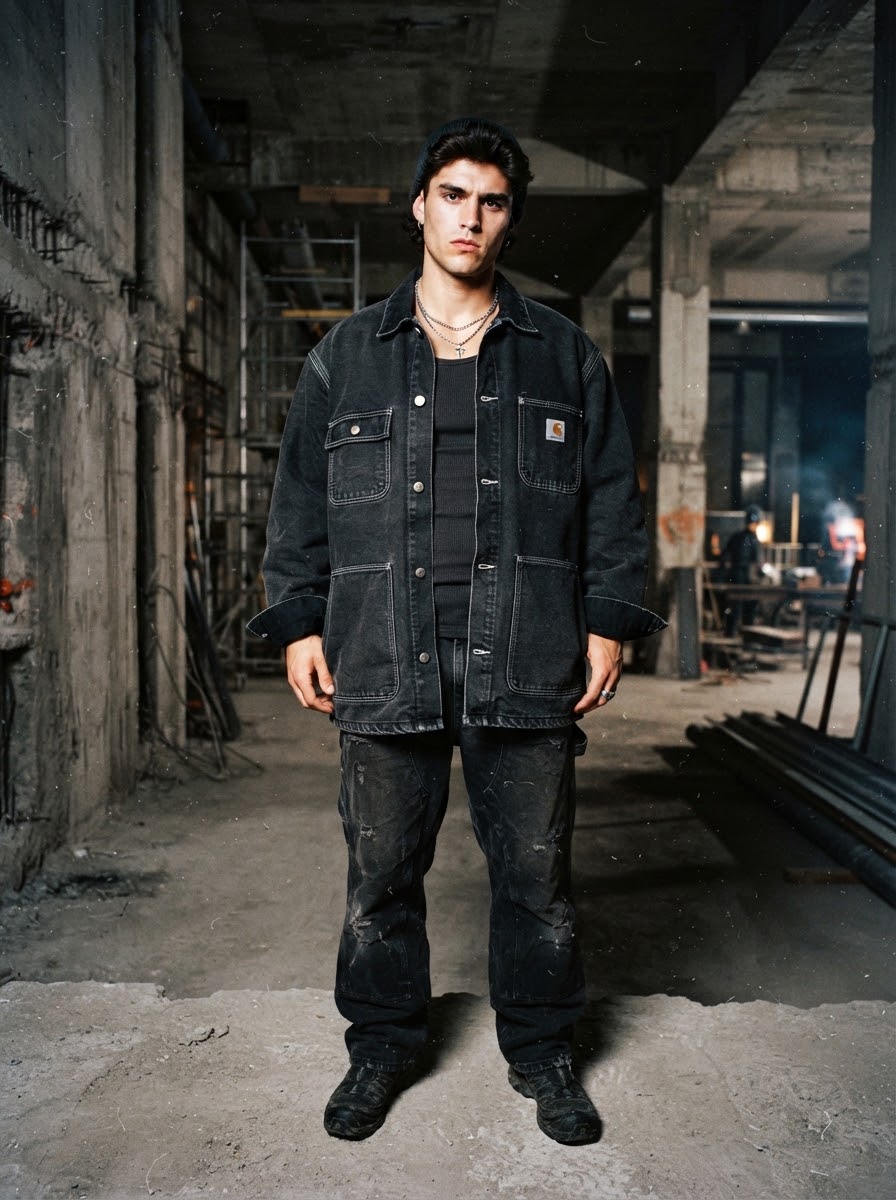 Third Shift Chore Coat Model in Industrial Setting