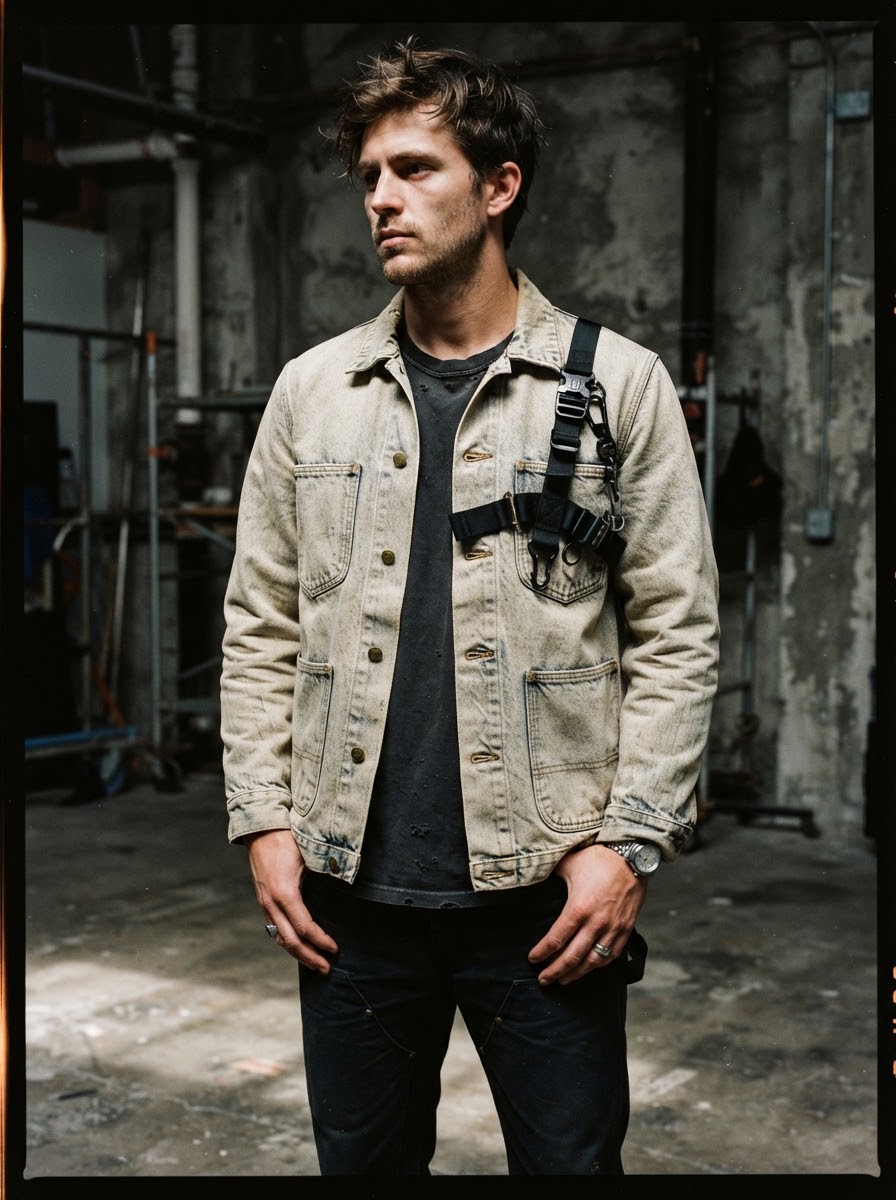 Third Shift Model styled in sand washed denim utility jacket with tactical harness strap