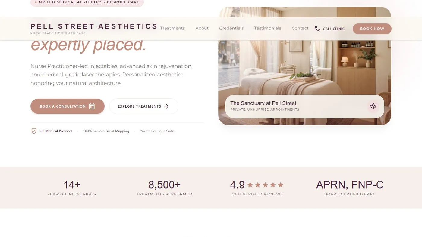 The Pell Street Aesthetics homepage: a clinical, light-toned page introducing nurse practitioner-led care with a booking call to action.