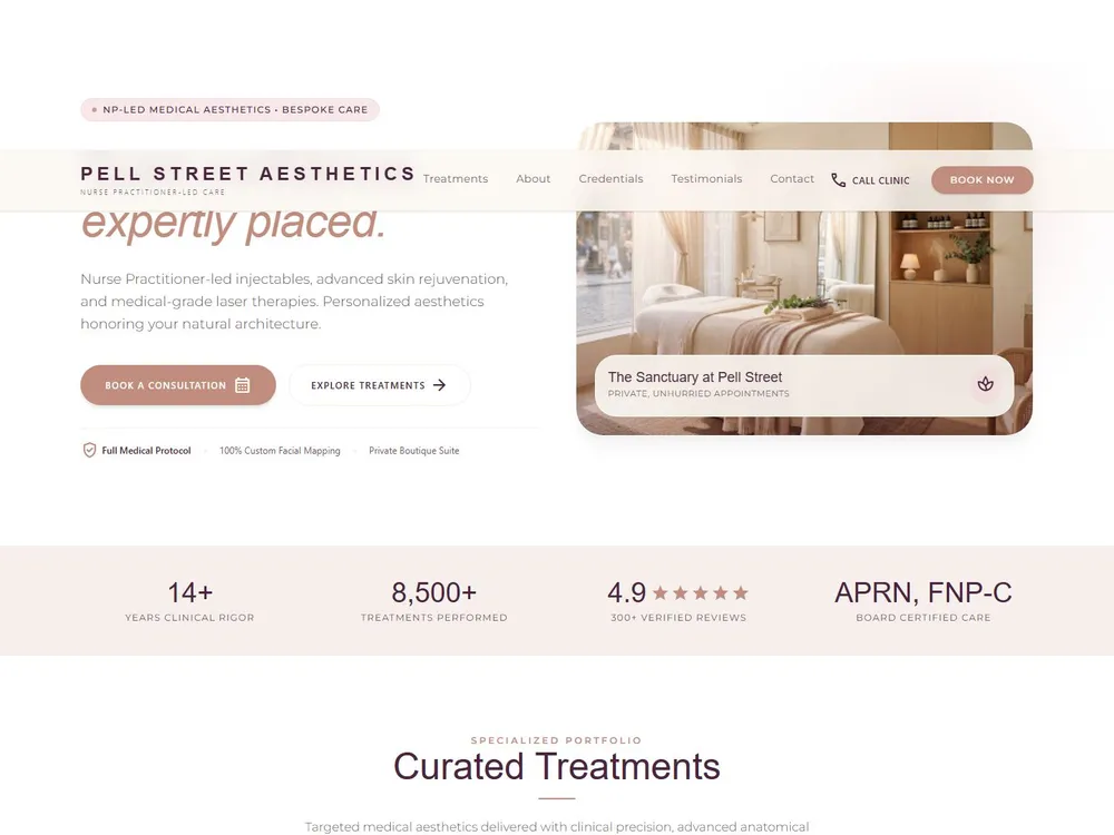 The Pell Street Aesthetics homepage: a clinical, light-toned page introducing nurse practitioner-led care with a booking call to action.