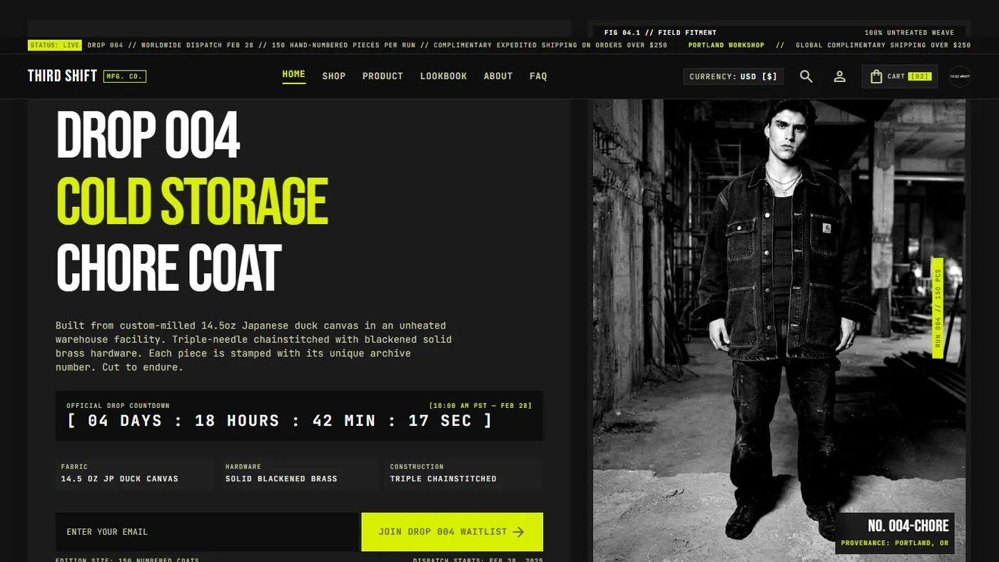 The Third Shift homepage: a heavy, industrial page headed “DROP 004 — Cold Storage Chore Coat” in condensed type.