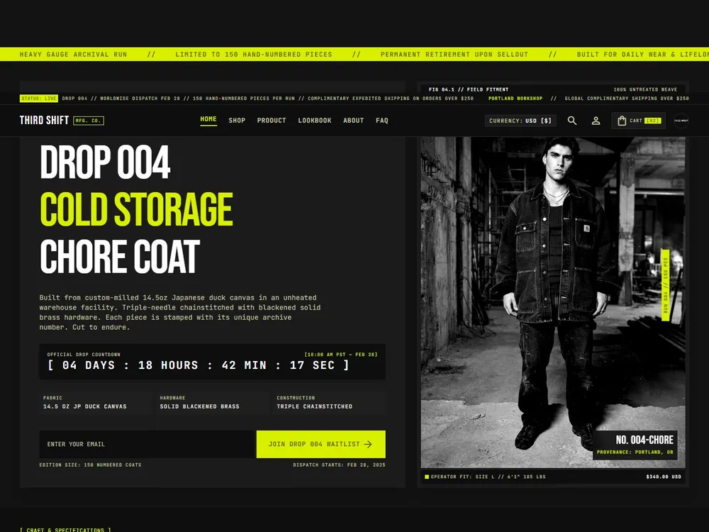 The Third Shift homepage: a heavy, industrial page headed “DROP 004 — Cold Storage Chore Coat” in condensed type.