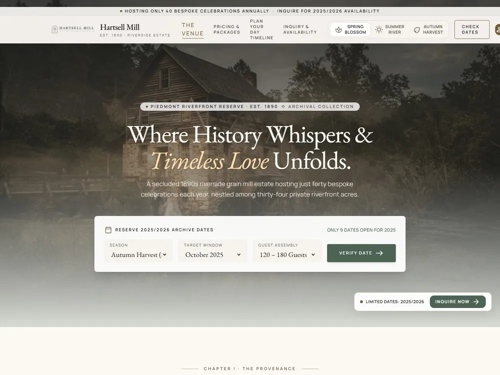 The Hartsell Mill homepage: an editorial riverside page headed “Where History Whispers & Timeless Love Waits.”