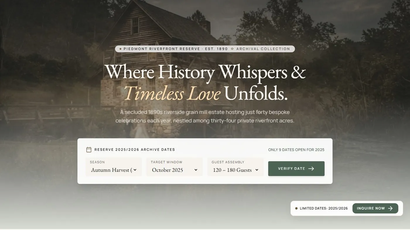 The Hartsell Mill homepage: an editorial riverside page headed “Where History Whispers & Timeless Love Waits.”