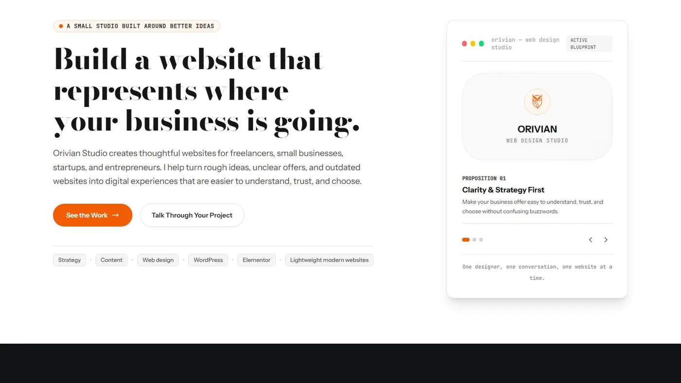 The Orivian Studio v2 homepage: a light editorial page carrying a live Quezon City clock and a “Start a Project” call to action.