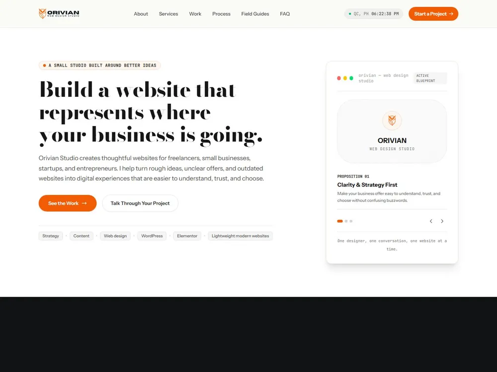 The Orivian Studio v2 homepage: a light editorial page carrying a live Quezon City clock and a “Start a Project” call to action.