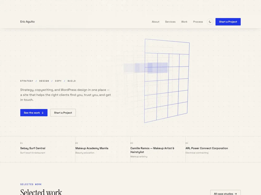 The Eric Agulto homepage: a strategy-led personal portfolio headed “Websites built on strategy, not guesswork.”