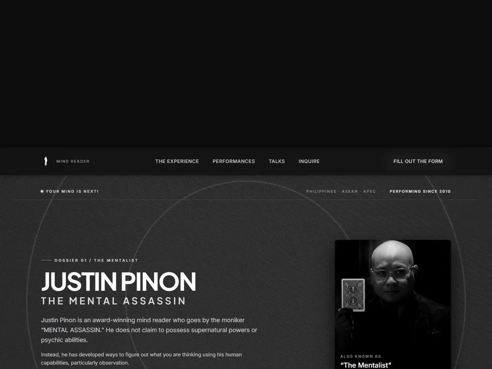 The Justin Pinon homepage: a dark, instrument-panel page for “MENTAL ASSASSIN,” a Philippine mind reader.
