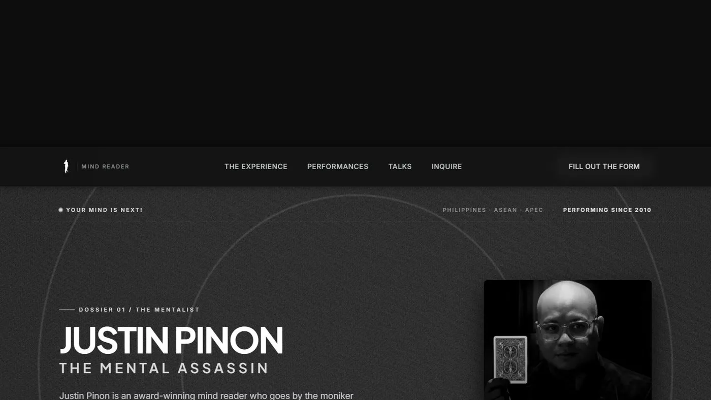The Justin Pinon homepage: a dark, instrument-panel page for “MENTAL ASSASSIN,” a Philippine mind reader.