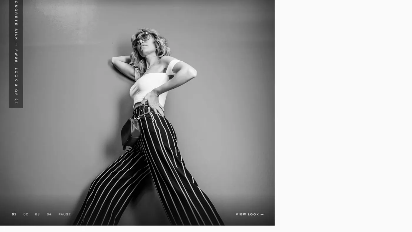 The SNITT homepage: a black-and-white editorial photograph of a model in striped trousers beneath the SNITT wordmark, with look numbering and a View Look control.