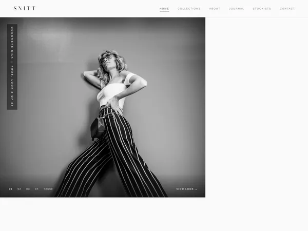 The SNITT homepage: a black-and-white editorial photograph of a model in striped trousers beneath the SNITT wordmark, with look numbering and a View Look control.