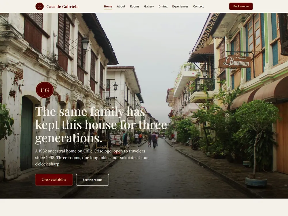 The Casa de Gabriela homepage: a dusk photograph of a Vigan street and ancestral house under the headline "The same family has kept this house for three generations."