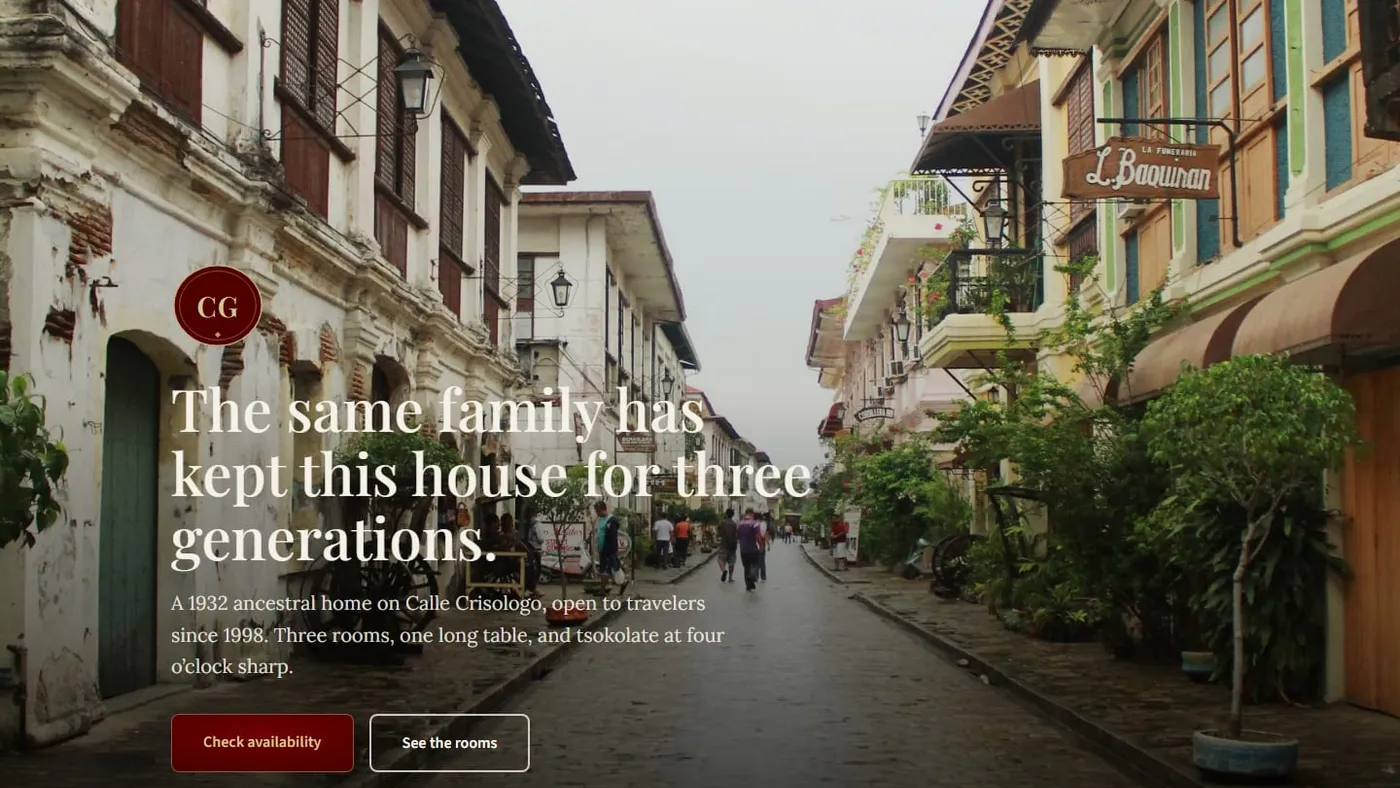 The Casa de Gabriela homepage: a dusk photograph of a Vigan street and ancestral house under the headline "The same family has kept this house for three generations."