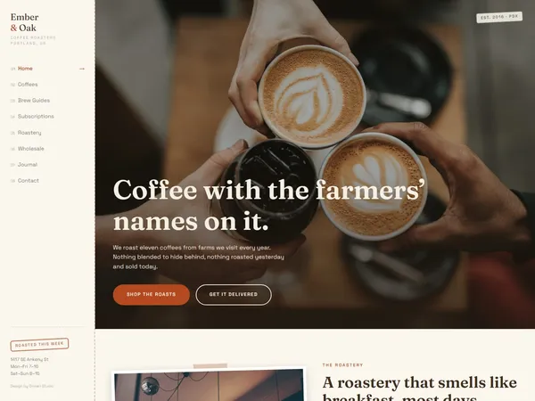 The Ember & Oak homepage: two hands holding a latte beside the headline "Coffee with the farmers' names on it."
