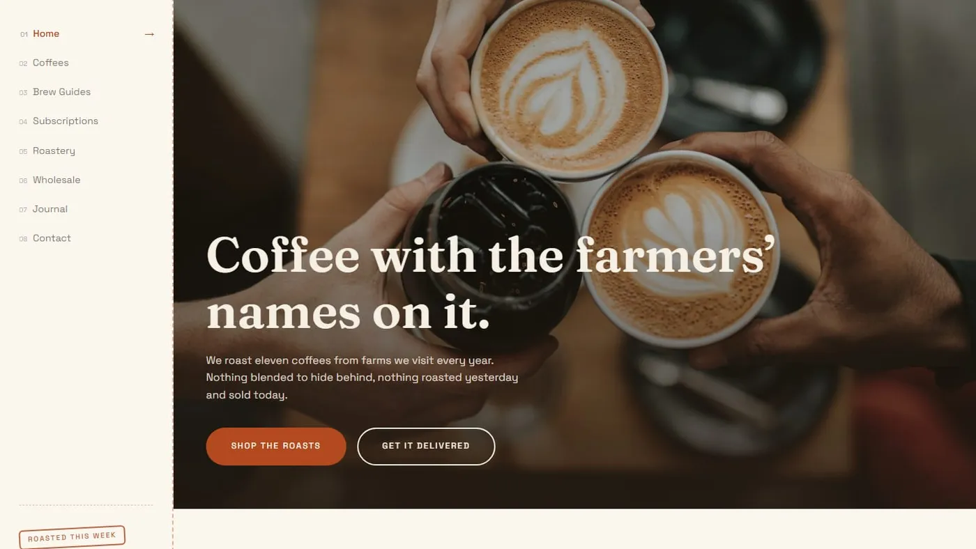 The Ember & Oak homepage: two hands holding a latte beside the headline "Coffee with the farmers' names on it."