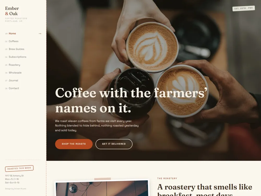 The Ember & Oak homepage: two hands holding a latte beside the headline "Coffee with the farmers' names on it."