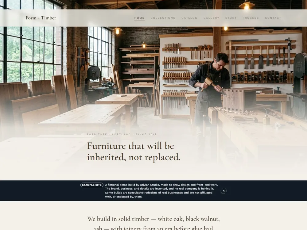 The Form + Timber homepage: a warmly lit furniture showroom above the line "Furniture that will be inherited, not replaced."