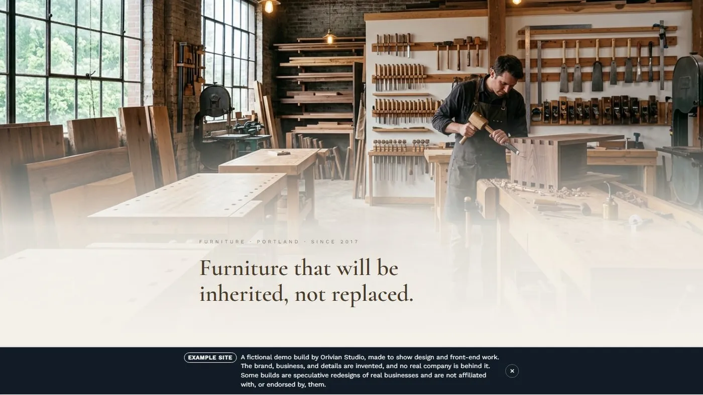 The Form + Timber homepage: a warmly lit furniture showroom above the line "Furniture that will be inherited, not replaced."