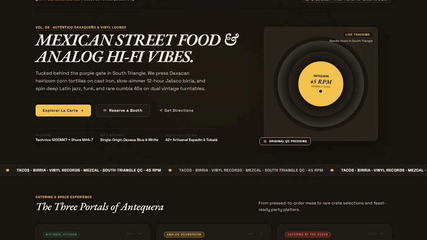The Antequera homepage: a charred-black canvas with a spinning record beside the headline "Mexican street food & analog hi-fi vibes."