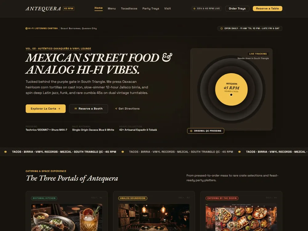 The Antequera homepage: a charred-black canvas with a spinning record beside the headline "Mexican street food & analog hi-fi vibes."