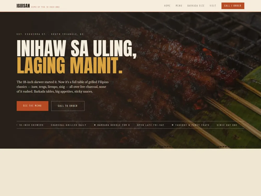 The Iguisan homepage: a warm daylight grill scene under the headline "Inihaw sa Uling, Laging Mainit." in heavy display type.