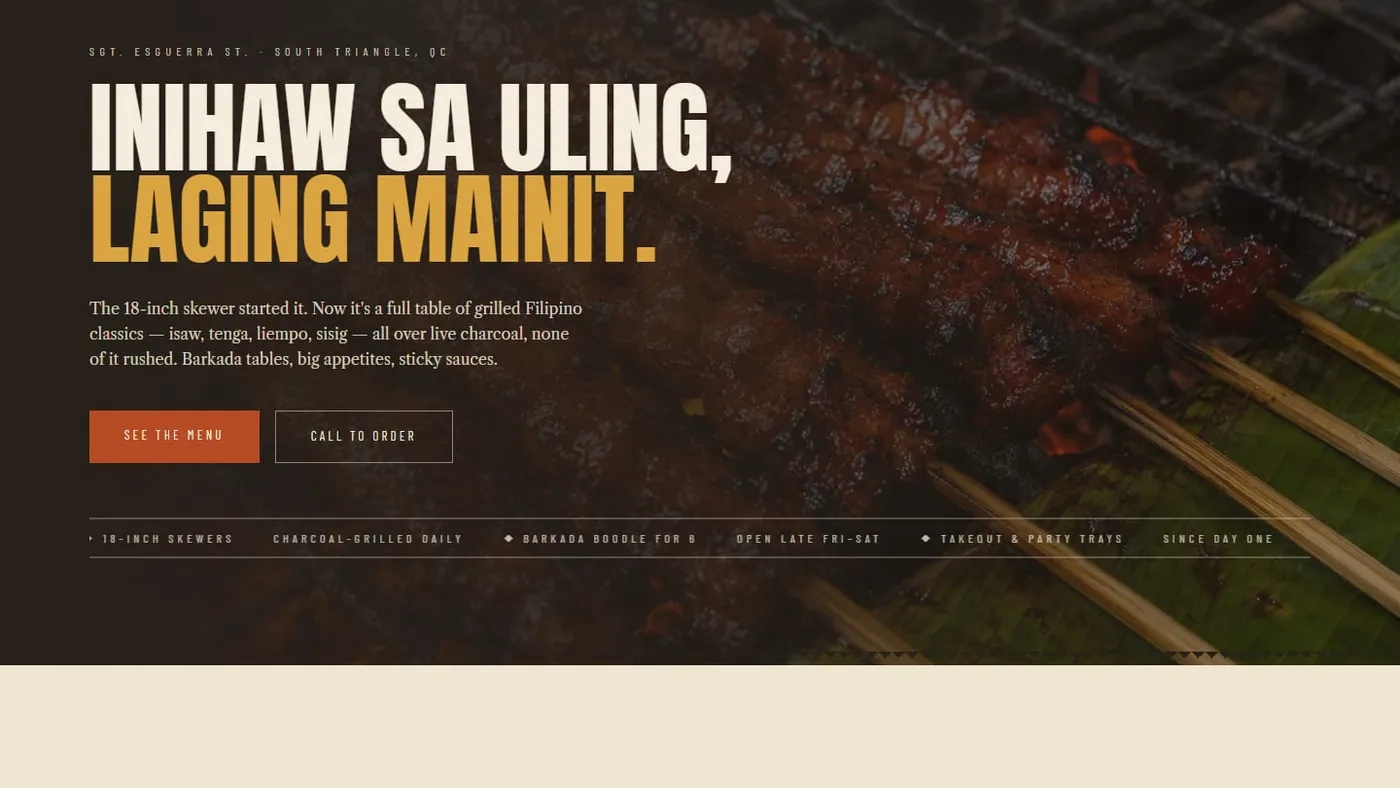 The Iguisan homepage: a warm daylight grill scene under the headline "Inihaw sa Uling, Laging Mainit." in heavy display type.