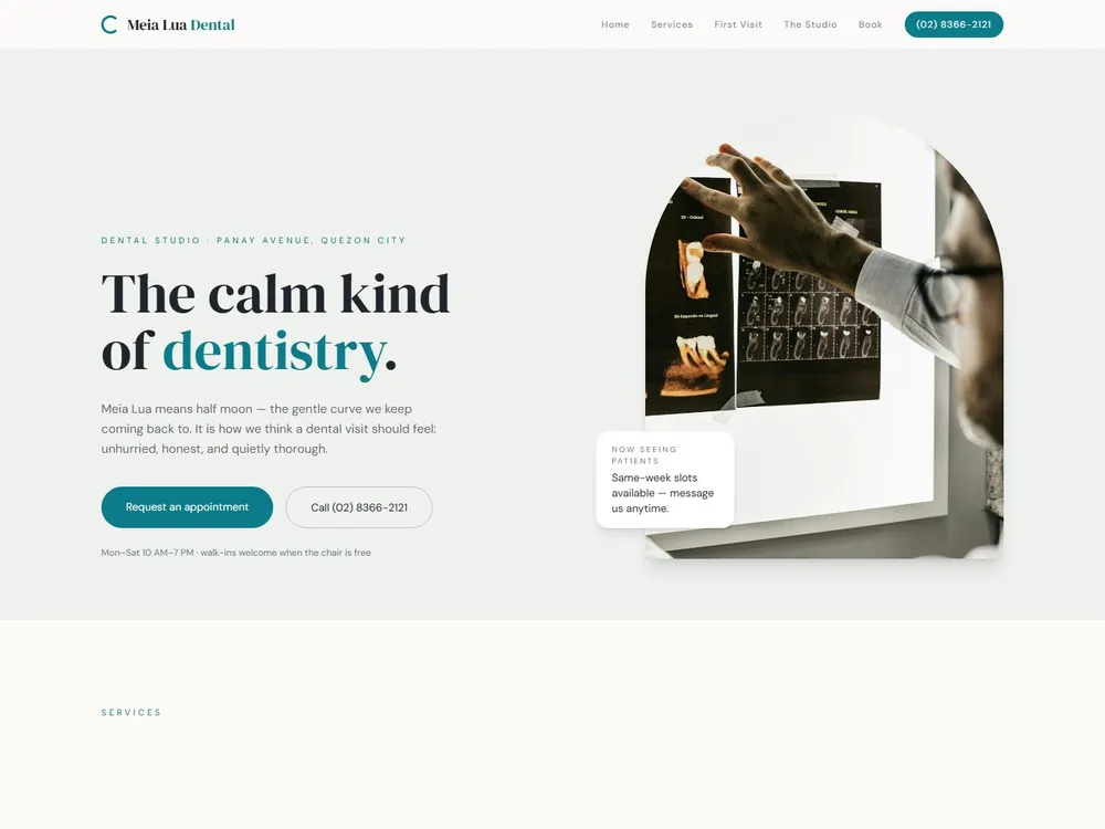 The Bayanihan Dental Care homepage: a calm clinical page reading "Gentle, Trustworthy Family Dentistry" beside the practice name.