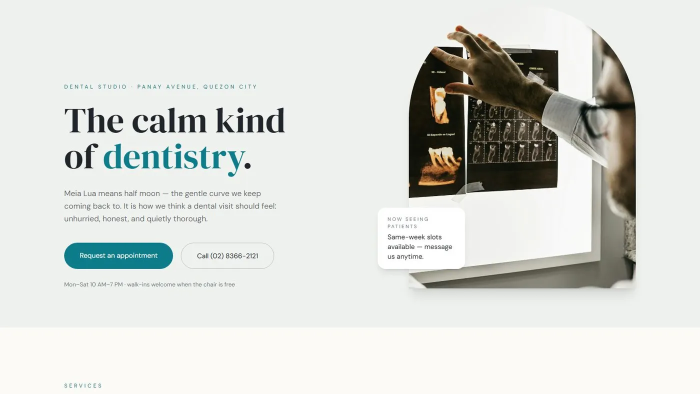 The Bayanihan Dental Care homepage: a calm clinical page reading "Gentle, Trustworthy Family Dentistry" beside the practice name.