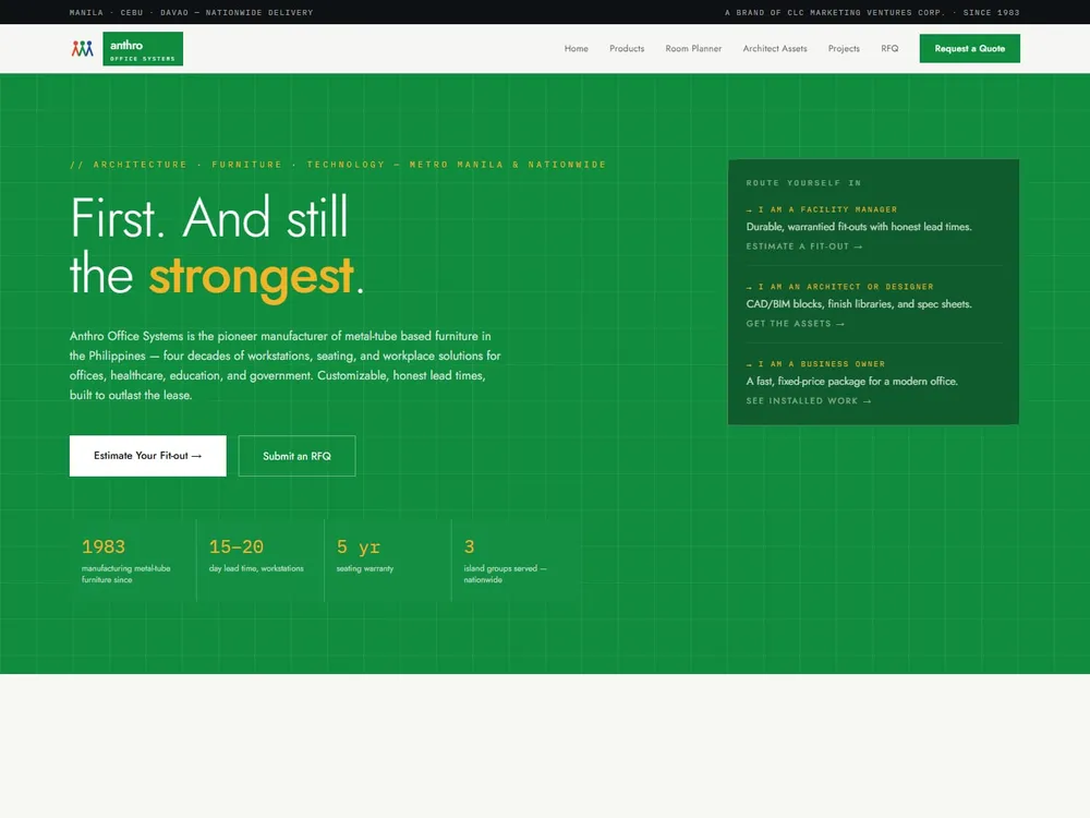The Anthro Office Systems homepage: a green headline "First. And still the strongest." beside a specification panel on a white technical layout.