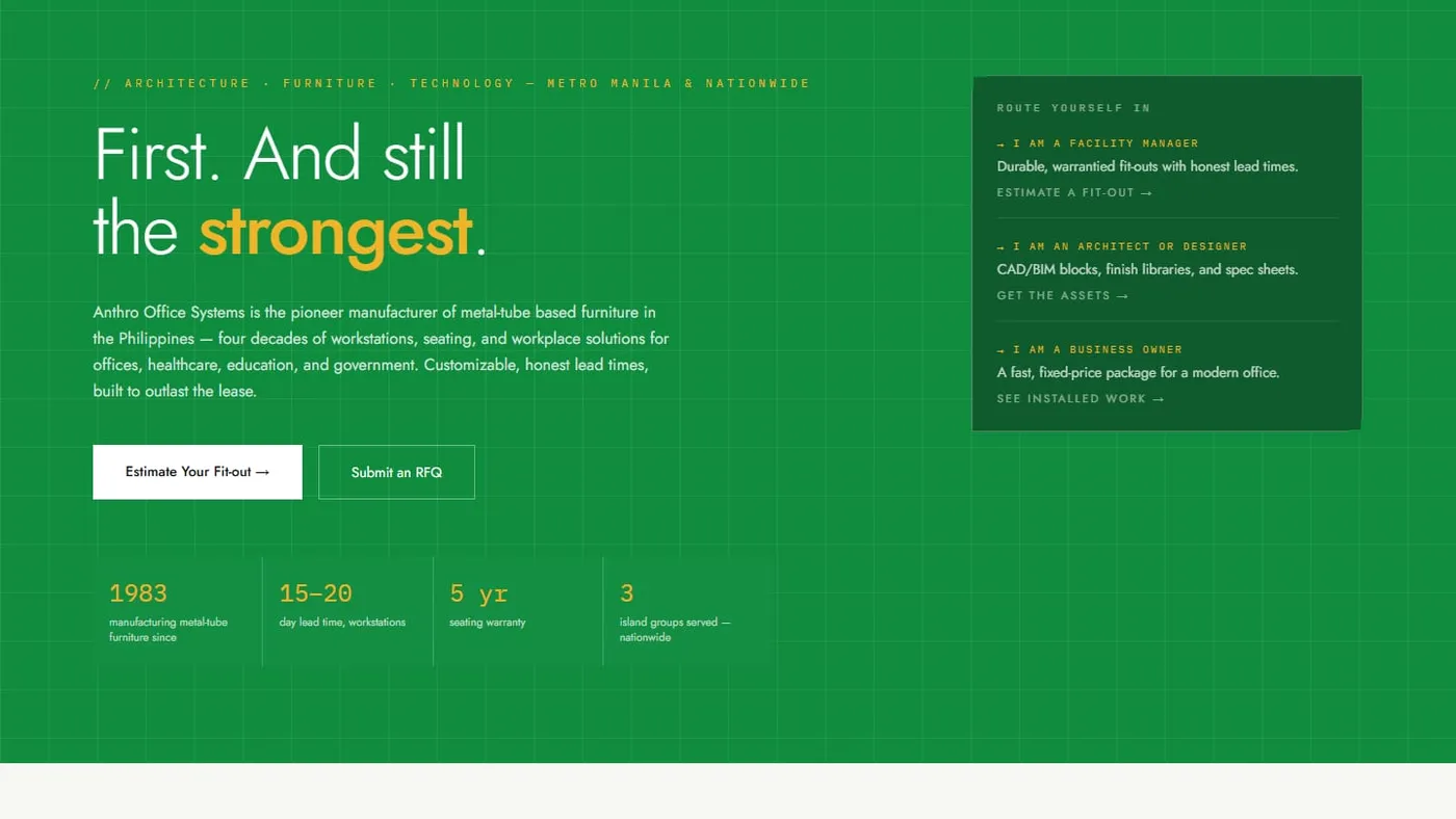 The Anthro Office Systems homepage: a green headline "First. And still the strongest." beside a specification panel on a white technical layout.