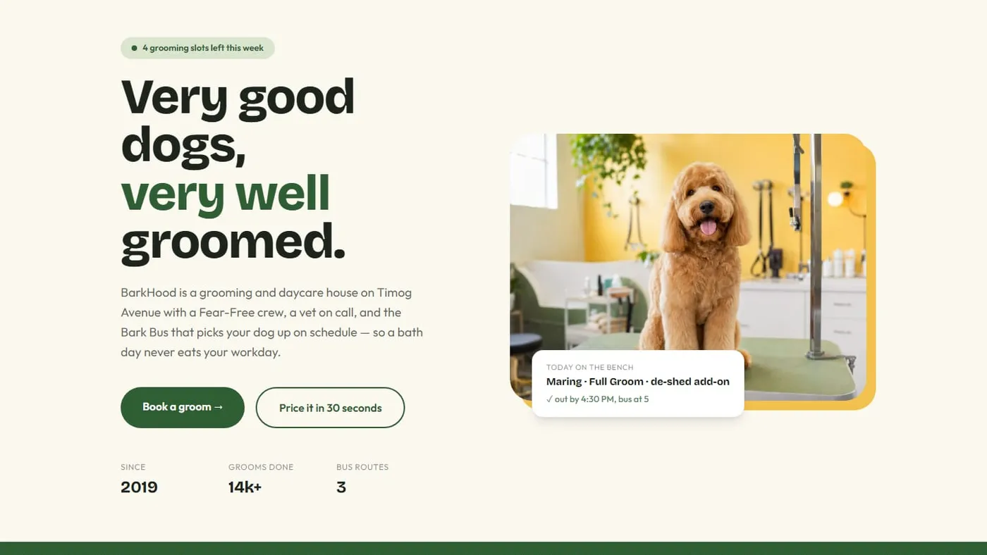 The BarkHood homepage: a golden retriever puppy beside the headline "Very good dogs, very well groomed." on a sage-green page.