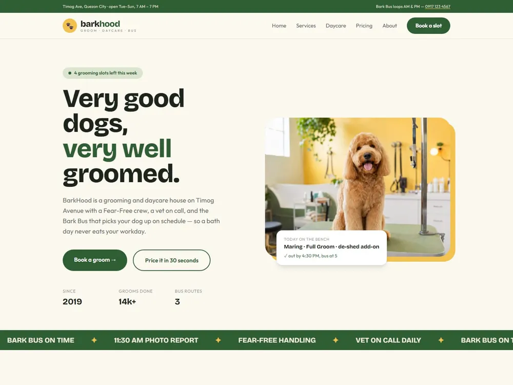 The BarkHood homepage: a golden retriever puppy beside the headline "Very good dogs, very well groomed." on a sage-green page.